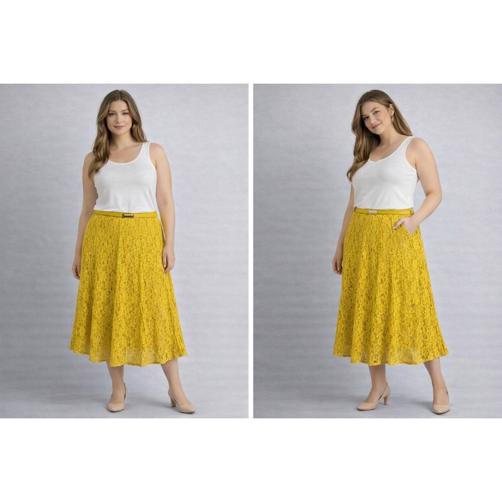 Lapis Women Lace Skirt Large Yellow A Line Belted Floral Midi Cottagecore